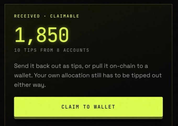 A "Received • Claimable" notification showing 1,850 tokens received as 10 tips from 8 accounts, with a "Claim to Wallet" button, likely representing $MOTION earnings from the TipFi platform mentioned in the post.