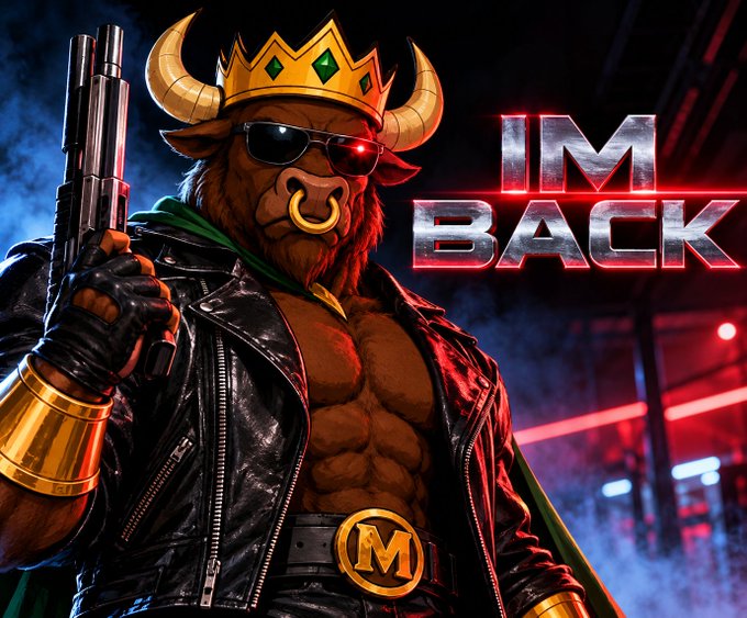 A muscular bull wearing sunglasses, a golden crown, leather jacket, and nose ring holds a large revolver, with the metallic text 'IM BACK' displayed prominently in red.