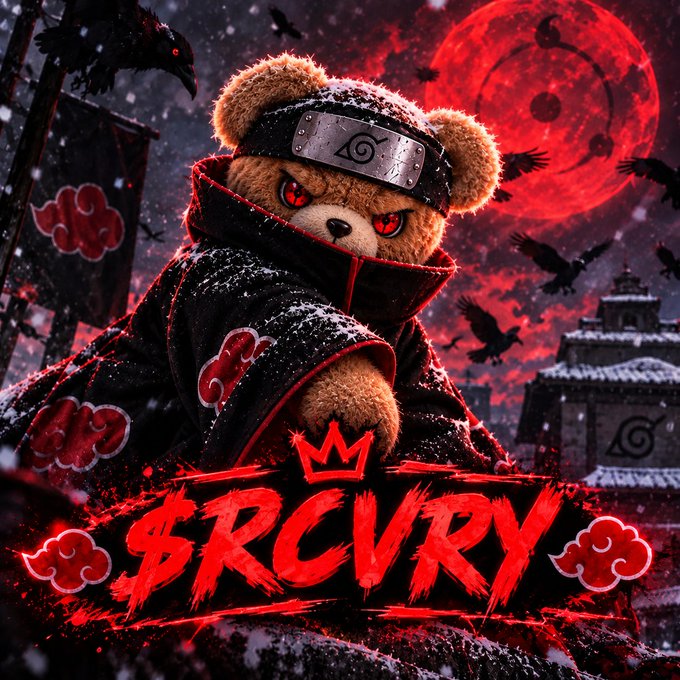 Stylized artwork features a teddy bear with red eyes wearing Akatsuki robes and a Leaf Village headband, set against a red moon with crows, labeled '$RCVRY'.