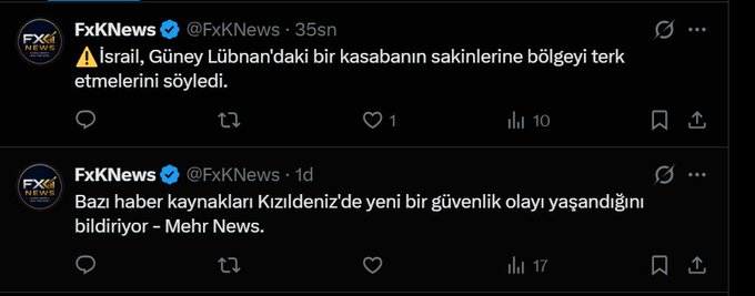 A screenshot of two tweets from verified account @FxKNews showing Turkish-language breaking news posts: one states "Israel told residents of a town in southern Lebanon to evacuate the region," while another reports sources indicating a new security incident in the Red Sea, according to Mehr News.