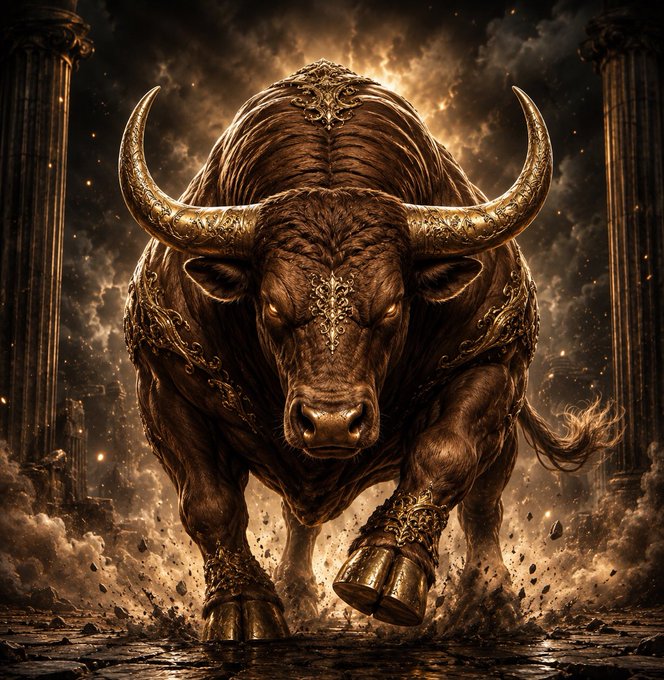 A dramatic digital artwork of a powerful bull with ornate golden horns and decorative armor charging forward between classical columns, surrounded by dust and fiery clouds.