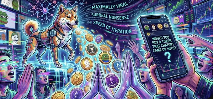 A cybernetically-enhanced Shiba Inu stands as a deity figure surrounded by floating crypto tokens and a praying crowd, while a smartphone displays the message "WOULD YOU BUY A TOKEN THAT CHATGPT CAME UP WITH?"—vividly capturing the post's theme of AI-generated memecoins and humans worshipping algorithms in a bizarre digital financial cult.