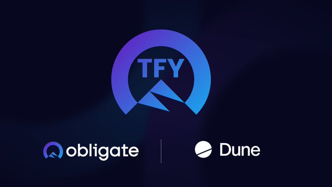 A promotional graphic featuring a blue and purple circular "TFY" logo, with the "obligate" and "Dune" logos displayed below on a dark background.