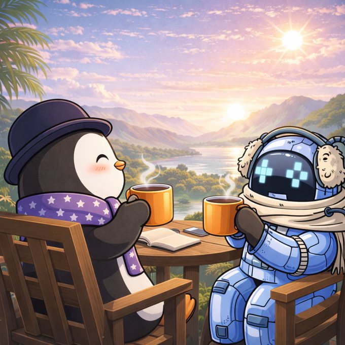 The image features two cartoon penguins sitting at a table with cups of coffee in front of them. One penguin has a hat on while the other does not, creating a contrast between their appearances. The background shows mountains under a sunset sky, adding a serene and picturesque atmosphere to the scene. The post appears to be promoting an online platform or service that connects content creators with users who engage with their work by providing rewards for user actions.