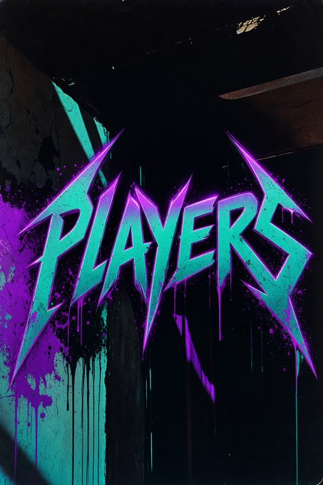 Graffiti-style text reading 'PLAYERS' in jagged teal and purple letters with paint drips against a dark wall.