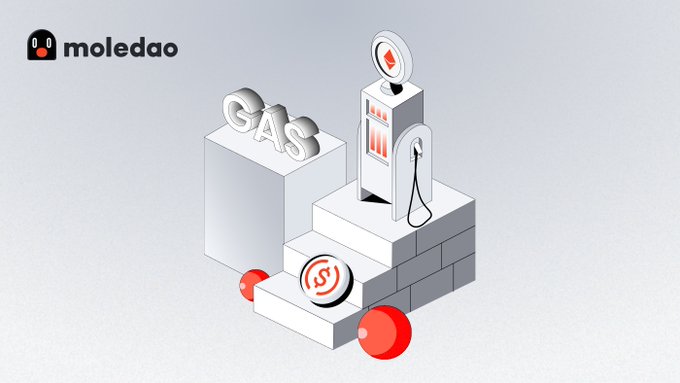 A 3D illustration from 'moledao' featuring a 'GAS' pump on a stepped platform with red spherical accents, set against a plain grey background.