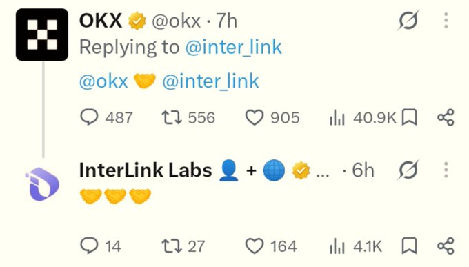 A tweet exchange between OKX (@okx) and InterLink Labs (@inter_link) featuring hand emoji replies, with OKX's post showing 487 replies, 556 retweets, 905 likes, and 40.9K views, while InterLink Labs' response has 14 replies, 27 retweets, 164 likes, and 4.1K views. The interaction appears to relate to speculation about an Interlink Network listing on the OKX exchange.