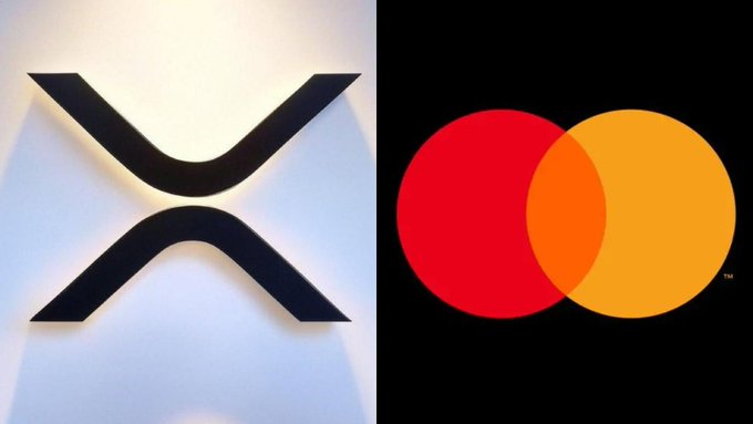 The image displays the XRP (Ripple) logo on the left and the Mastercard logo on the right, visually representing the news that Mastercard's VP of Blockchain & Crypto Product has joined Ripple, highlighting a notable connection between the two financial giants.
