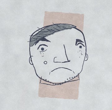 A simple black-and-white line drawing of a man's face with freckles and stubble, framed by a tan rectangular border.