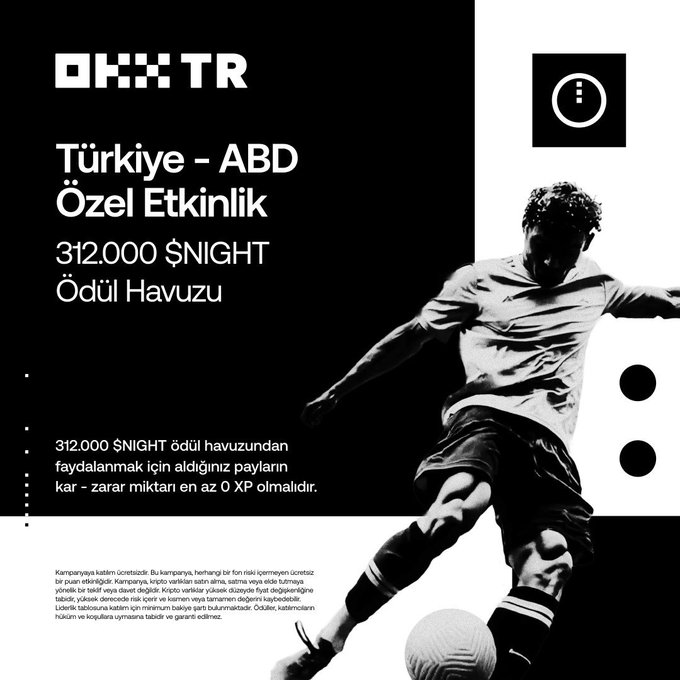 The image is a promotional graphic for OKX Türkiye's "Türkiye – ABD Özel Etkinlik" (Turkey-USA Special Event) featuring a black-and-white photo of a soccer player kicking a ball, with details about the 312,000 $NIGHT prize pool for users who earn at least 0 XP from their prediction wagers, directly tying to the poster's excitement about participating in the OKX TR "Scorer Takes All" event tied to the Turkey-USA match.