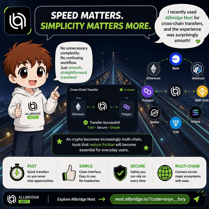 An advertisement for 'Allbridge Next' crypto service with the slogan 'SPEED MATTERS. SIMPLICITY MATTERS MORE.', featuring a cartoon character, a cross-chain transfer UI from Ethereum to Polygon, and supported chains including Base, Arbitrum, BNB Chain, Solana, TON, Stellar, and Ethereum.