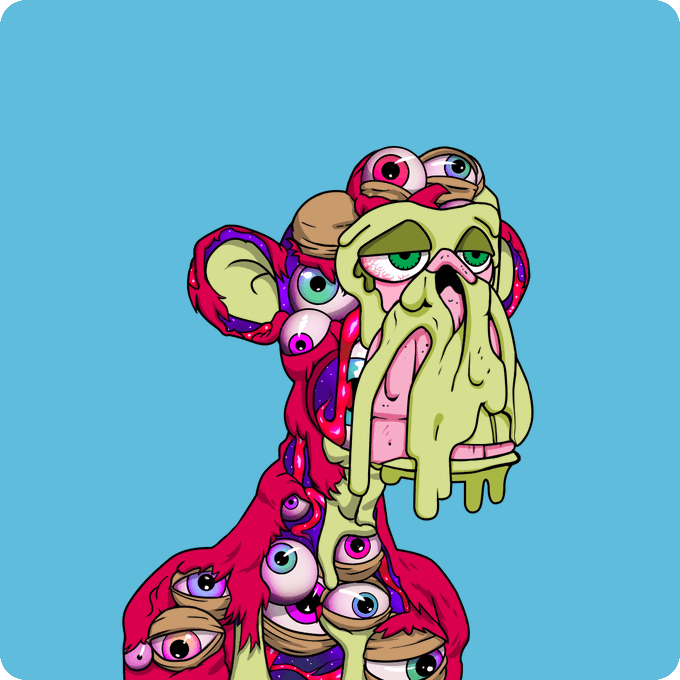 A surreal, grotesque cartoon illustration of a melting figure with drooping yellow-green skin, a long droopy nose, and multiple eyeballs scattered across its pink, fleshy body against a teal background.