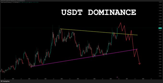 The image shows a chart with a diagonal line, which appears to be a trading indicator for USDT dominance. The text above the chart reads "USDT dominance", indicating that this indicator is being used to predict the future direction of the US dollar's value against another currency.