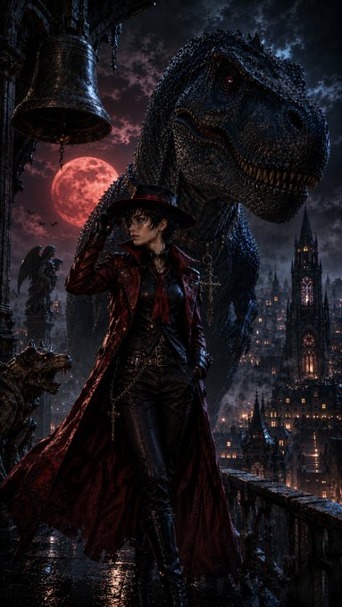 A dark, atmospheric digital illustration of a woman in a red coat and wide-brimmed hat standing on a gothic balcony at night, with a massive T-Rex dinosaur and a red moon looming over a cityscape in the background.