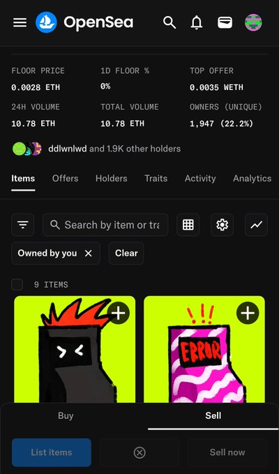 OpenSea mobile app interface showing a NFT collection with floor price 0.0028 ETH, 24h volume 10.78 ETH, 1,947 owners, and a 'Sell' tab selected displaying 9 items.