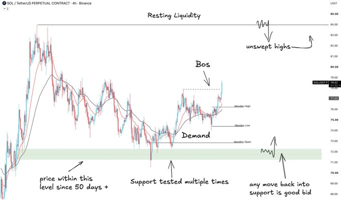 A hand-drawn technical analysis chart of the SOL/TetherUS Perpetual Contract showing annotated support levels, demand zones, and labels like 'Resting Liquidity' and 'unswept highs.'
