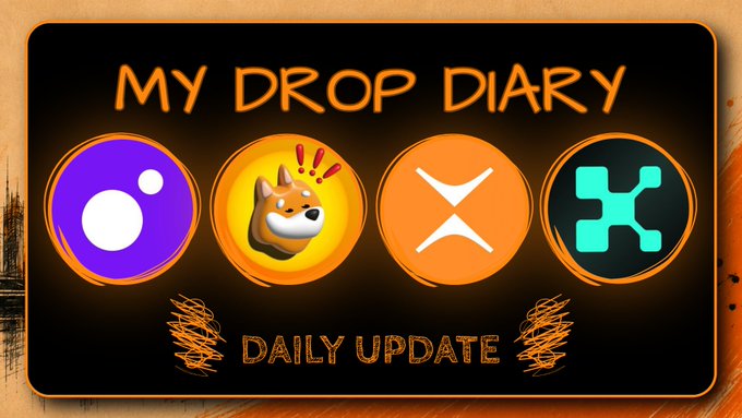 A promotional graphic titled "My Drop Diary" displays four cryptocurrency logos (Polkadot, BONK, XRP, and Huma Finance) above the text "Daily Update," appearing to be a daily cryptocurrency airdrop or news roundup. The accompanying post promotes MoonPay's PayBox feature for AI agents while directing users to paybox.sh for a $USDC giveaway.