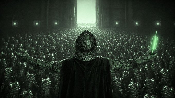 A figure with their back turned, arms outstretched holding a glowing green syringe, faces a massive crowd of figures with illuminated eyes in a dark, cavernous hall.