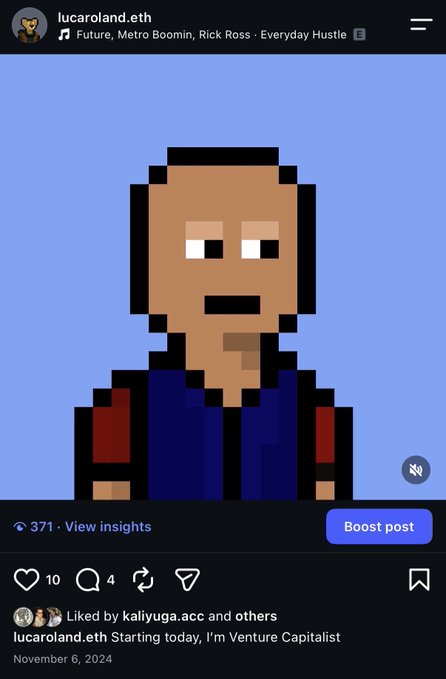 An Instagram-style social media post by 'lucaroland.eth' displaying a pixelated cartoon avatar of a man in a suit, captioned 'Starting today, I'm Venture Capitalist' and dated November 6, 2024, with audio by Future, Metro Boomin, Rick Ross.