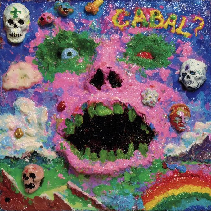 A grotesque, colorful painting of a pink skull with green eye sockets and green teeth against a starry background, surrounded by smaller skulls and the word "CABAL?" written in yellow.