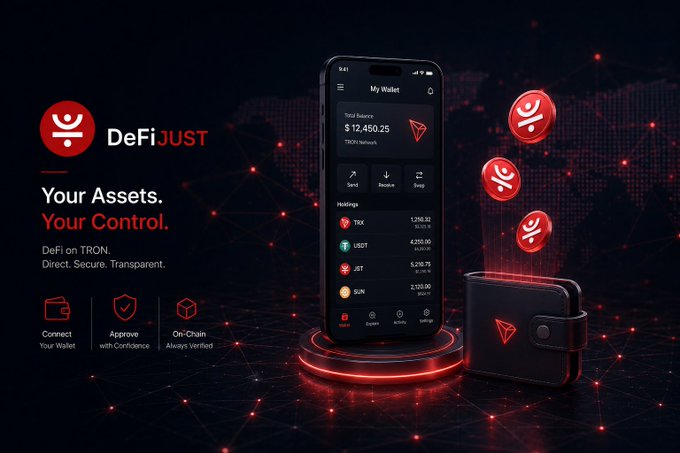 A promotional graphic for 'DeFiJUST' on TRON showing a smartphone displaying a wallet with a total balance of $12,450.25 and holdings in TRX, USDT, JST, and SUN tokens.