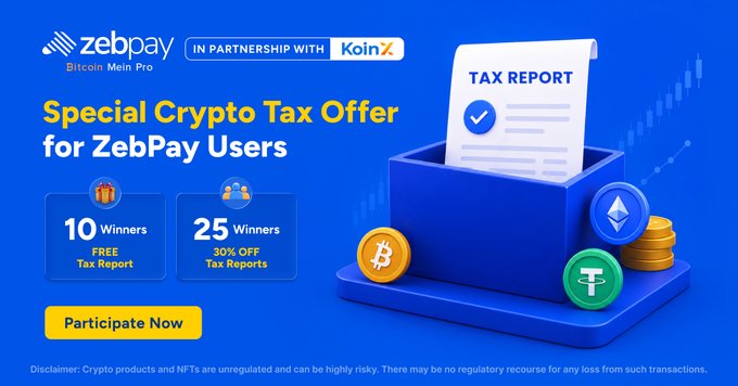 A promotional banner from ZebPay India (Bitcoin Mein Pro) in partnership with KoinX advertising a crypto tax contest, offering 10 winners a free tax report and 25 others a 30% discount on crypto tax reports, featuring illustrations of a tax report document and cryptocurrency coins (Bitcoin, Ethereum, Tether).