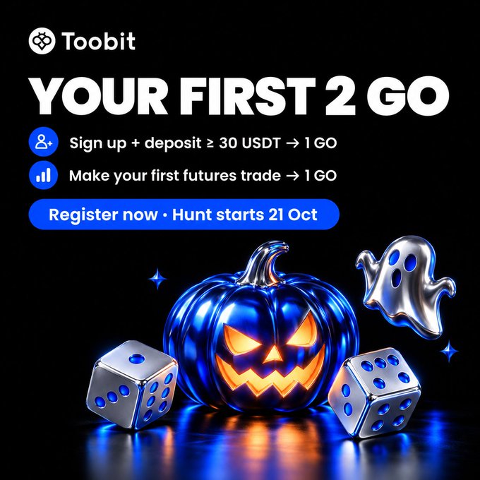 A Toobit promotional graphic titled 'YOUR FIRST 2 GO' advertising rewards for signing up and making a first futures trade, featuring a glowing blue Halloween jack-o'-lantern, a silver ghost, and two dice on a dark background.