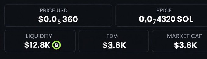 A cryptocurrency dashboard displays a token priced at $0.05360 USD (0.074320 SOL) with $12.8K liquidity, a $3.6K FDV, and a $3.6K market cap. The image directly supports the post's claim of a low-cap token with locked liquidity, highlighting the early-stage metrics the poster is using to compare $PAID's pre-run setup.