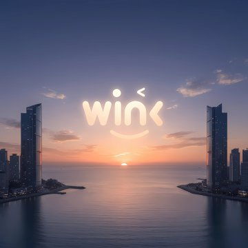 The image shows a serene sunset over a coastal cityscape with two tall twin towers flanking a calm waterway, overlaid with a "wink" smiley logo. The caption relates to the post about automating coral reef restoration grants on TRON, suggesting this branding represents a transparent tracking platform for marine conservation funding.