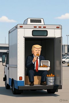 A cartoon illustration of Donald Trump sitting in the back of an ice cream truck, eating from a container of orange sherbet with more in a bucket beside him.