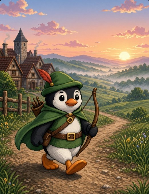 An illustrated penguin dressed as Robin Hood in a green tunic, cape, and feathered cap walks along a dirt path carrying a bow, with a medieval village and rolling hills at sunset behind him.