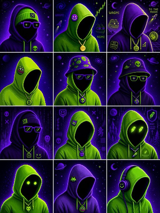 A 3x4 grid of digital artwork featuring mysterious hooded figures in vibrant green and purple tones, with cosmic backgrounds, space themes, alien motifs, and accessories like sunglasses and chains.