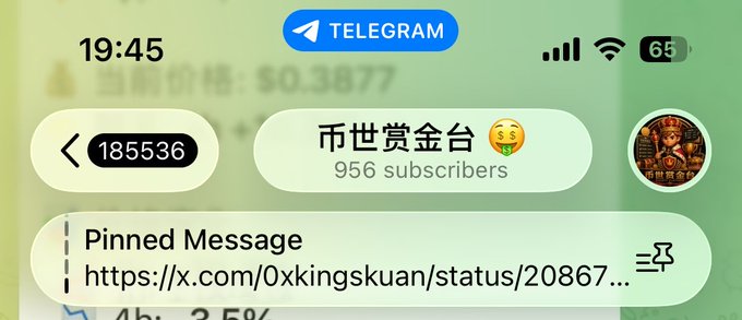 A screenshot of the Telegram app showing a channel called '市世赏金台' with 956 subscribers and a pinned message containing a link to x.com/0xkingskuan/status/20867... displayed at 19:45.