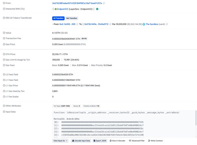 The image shows an Etherscan transaction detail page displaying a transfer of 50,000,000 $SAND tokens (worth $2,262,164) from a null address to address 0x07bC449e...Fb4a5f1E on August 21st, dated 2022. This relates to the GoPlus Security alert about attackers hijacking The Sandbox's SAND OFT contract to infinitely mint unbacked tokens via forged cross-chain messages.
