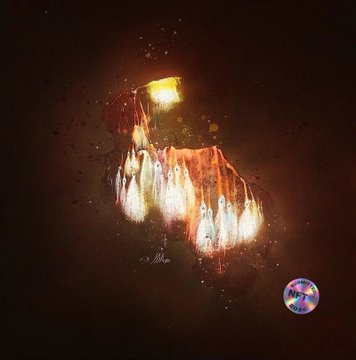 An abstract, dark image features a cluster of glowing, flame-like shapes in white and orange against a black background.