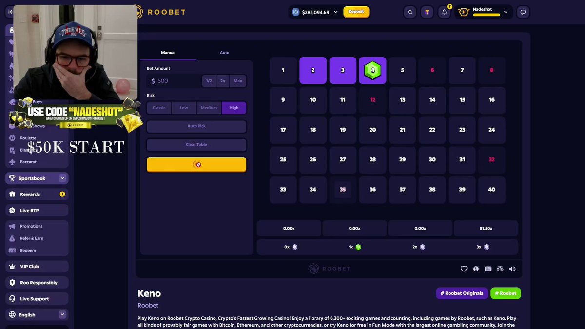 The image shows a screenshot of an online poker game, specifically, Nadeshot. The screen displays a purple background with white text indicating that the player has just made $50k (or $500k) within 2 minutes. A gold "START" button is also present on the screen. This information suggests that the player has recently achieved significant financial gains during gameplay in the online poker game.