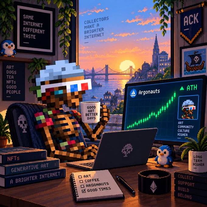 A pixel art scene of a character at a desk with a laptop, holding a coffee cup that says 'GOOD ART BETTER DAYS', with text including 'SAME INTERNET DIFFERENT TASTE', 'COLLECTORS MAKE A BRIGHTER INTERNET', 'Argonauts', and 'ATH' on a monitor showing a rising chart.