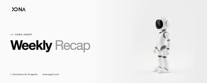 A minimalist banner titled 'XONA AGENT Weekly Recap' features a white humanoid robot standing on the right side against a light gray background.