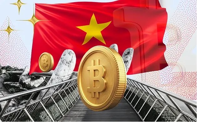 A large golden Bitcoin coin rests in a shopping cart against the backdrop of Vietnam's red flag with its yellow star, symbolizing the country's burgeoning crypto exchange market. The image visually represents the five pilot crypto exchanges (CAEX, SCEX, TCEX, VIXEX) competing for a place in Vietnam's emerging regulated digital asset trading landscape under Resolution 05/2025/NQ-CP.