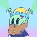 A small cartoon character with green skin, a blue and yellow hat with antennae, and a brown beard against a blue background.