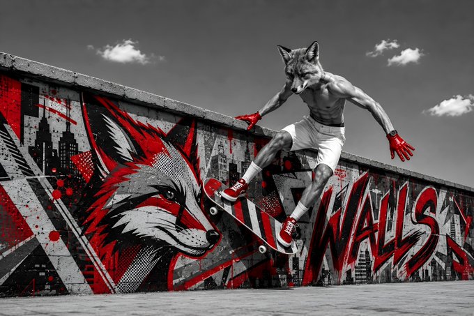 Amidst a gritty urban backdrop, a lean, muscular figure with wild dog-like features executes a precise grind on a customized skateboard, the scene set against a wall adorned with a large, striking mural depicting another dog with equally focused demeanor, alluding to the raw energy of street art and urban sports culture. The post mentions "Small Wall OE" along with a specific timestamp and a URL, likely referencing the piece or collection on blockchain for secure ownership and provenance verification.