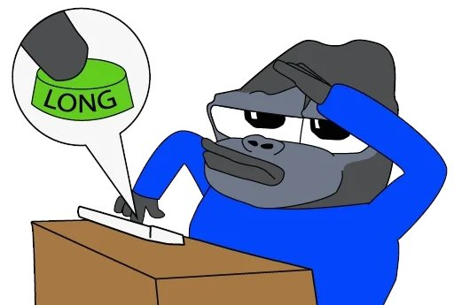 A sad-looking gorilla in a blue hoodie stares dejectedly at a screen, hand on forehead, with a thought bubble showing a finger pressing a green "LONG" button—capturing the frustration of holding a long position on $HYPE while Crypto Twitter turns unexpectedly bearish.