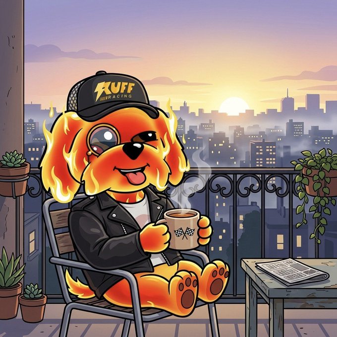 A cartoon illustration of a fiery golden puppy wearing a 'Ruff Racing' cap and leather jacket, sitting on a balcony at sunset holding a checkered-flag mug.