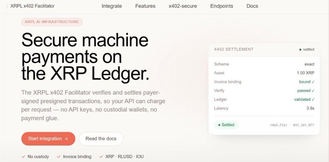 A website screenshot with the heading 'Secure machine payments on the XRP Ledger' and a sidebar showing an 'X402 SETTLEMENT' that is 'settled' for '1.00 XRP'.