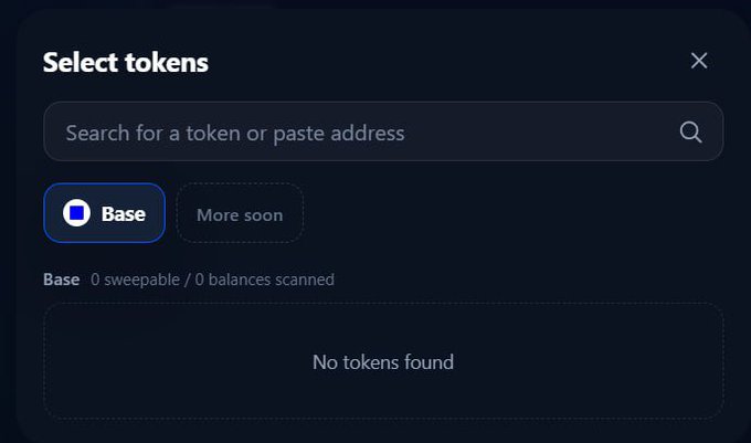 A "Select tokens" interface on the Base network shows "0 sweepable / 0 balances scanned" with "No tokens found," illustrating the wallet balance display issue that users encountered. The image highlights the bug in the Dust feature where balances weren't loading due to high traffic, a problem that has since been resolved.