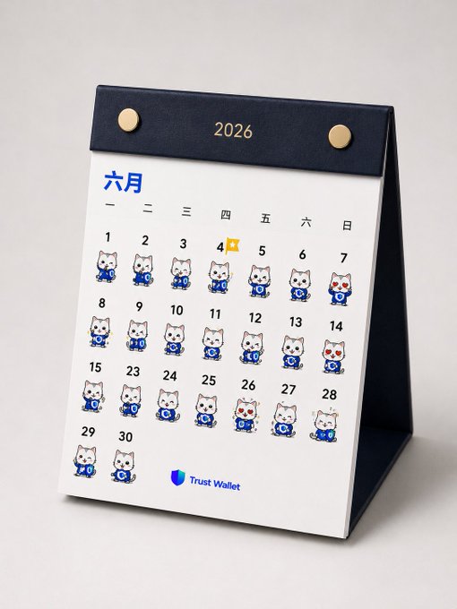 The image features a calendar with cute cartoon cats sitting next to each other, creating an appealing visual for users. The calendar has a blue cover that stands out against the white background. It appears to be a trust wallet-themed calendar, as indicated by the text "Trust Wallet" in the corner of the image. The calendar is designed to be visually attractive and engaging while providing essential information about dates and times.