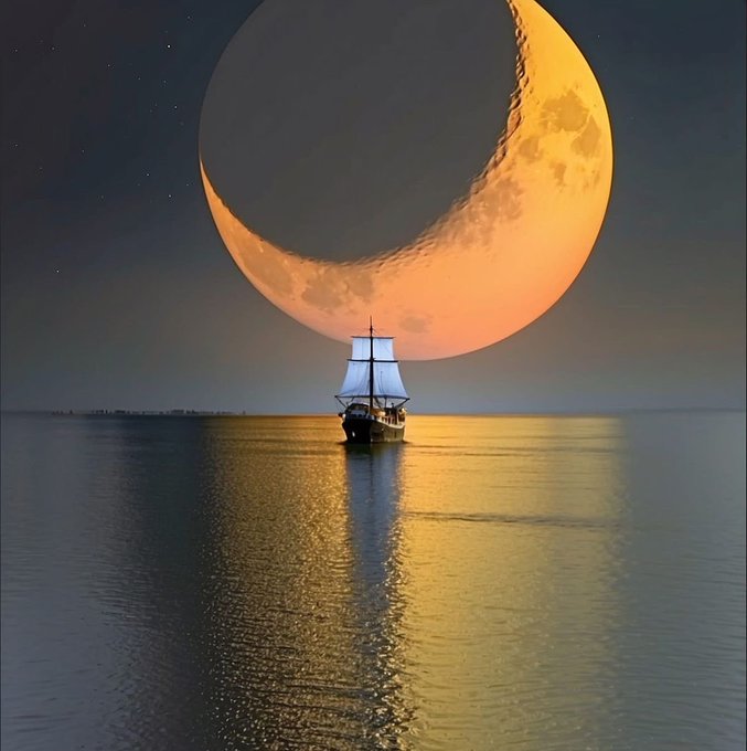 A surreal, digitally-rendered scene depicts a sailing ship on calm water beneath an enormous crescent moon, with the moon's golden light reflecting on the sea.