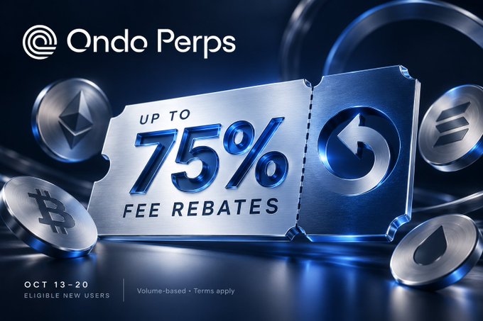 A promotional graphic for Ondo Perps featuring metallic coins representing BTC, ETH, SOL, and XRP surrounding a central metallic ticket that reads "UP TO 75% FEE REBATES," with the campaign dates "OCT 13-20" for eligible new users displayed at the bottom. The image visually reinforces the post's announcement of Ondo Perps' volume-based fee rebate promotion across major cryptocurrencies during the specified week.