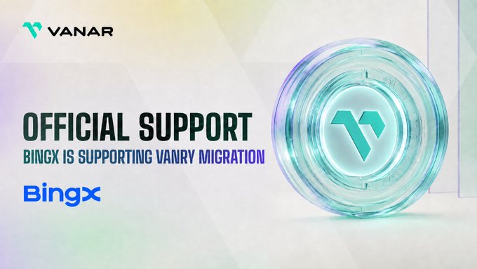 The image is a promotional graphic featuring the Vanar logo and a large 3D coin with the "V" emblem, announcing that "BingX is supporting VANRY migration." It visually reinforces the post's message that BingX will facilitate a 1:1 token swap of old VANRY to new VANRY on Base, with no action required from users holding VANRY on the BingX platform.