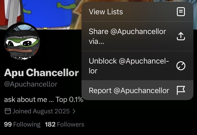 A Twitter/X profile menu for 'Apu Chancellor' (@Apuchancellor) is shown with options to View Lists, Share, Unblock, and Report the account.